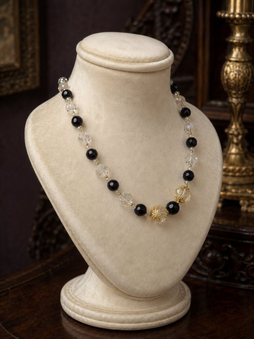 JB Original - Gilded Eclipse | Reclaimed Vintage Black Milk Glass & AB Crystal - Picture 4 of 8